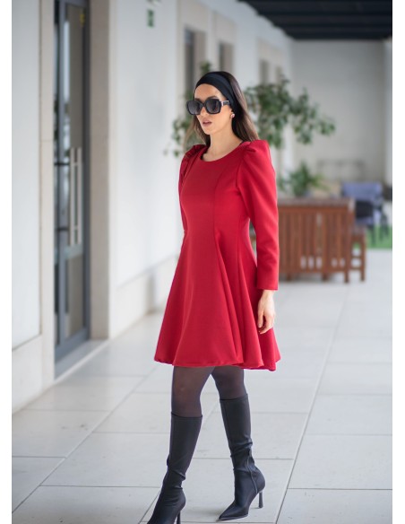 Short red dress with long sleeves and flounce