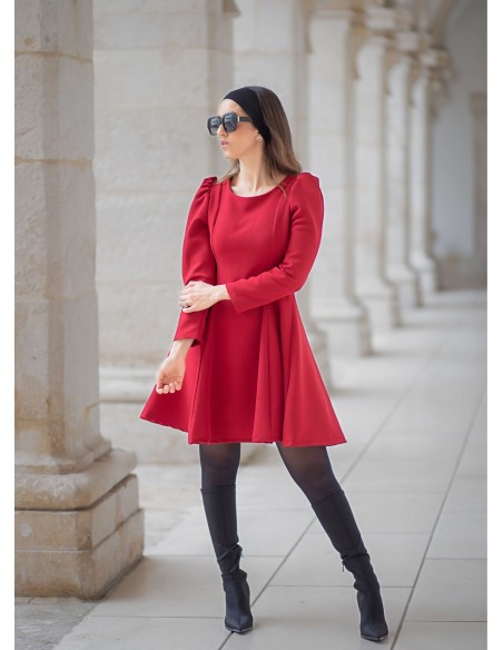 Short red dress with long sleeves and flounce