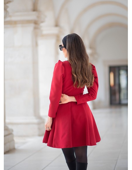 Short red dress with long sleeves and flounce