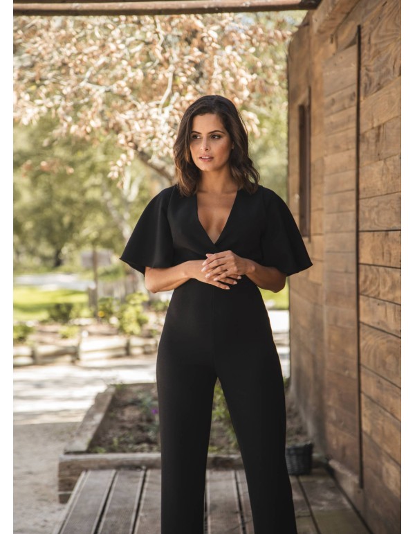 Black long jumpsuit with crossed neckline and open back 2