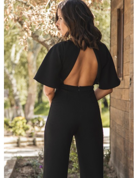 Black long jumpsuit with crossed neckline and open back