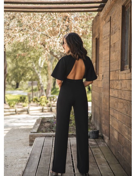 Black long jumpsuit with crossed neckline and open back