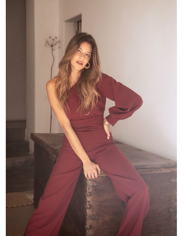 Long burgundy jumpsuit with asymmetrical neckline and... 2