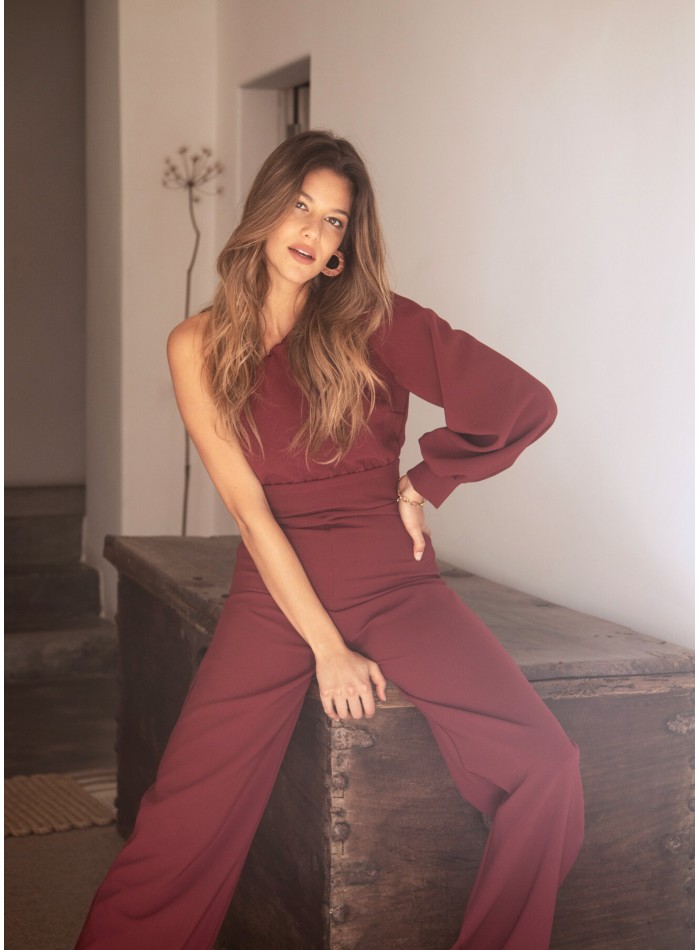 Long burgundy jumpsuit with asymmetrical...