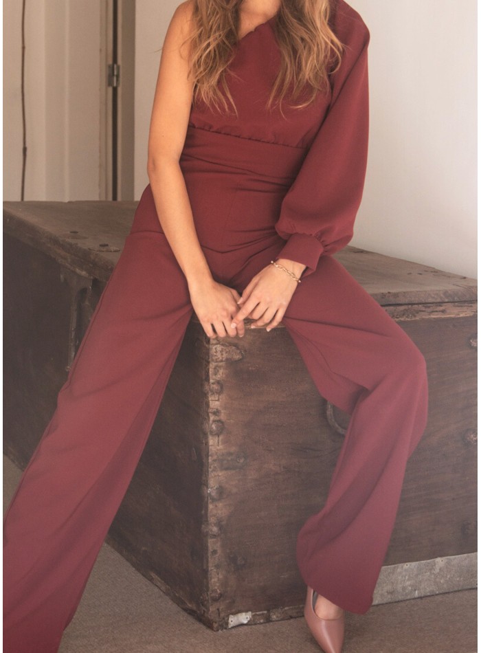 Long burgundy jumpsuit with asymmetrical...