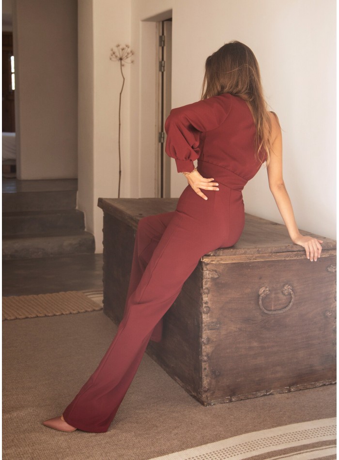 Long burgundy jumpsuit with asymmetrical...