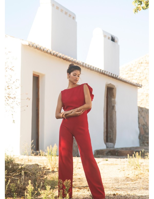 Long red jumpsuit with closed neckline and ruffle at the... 2