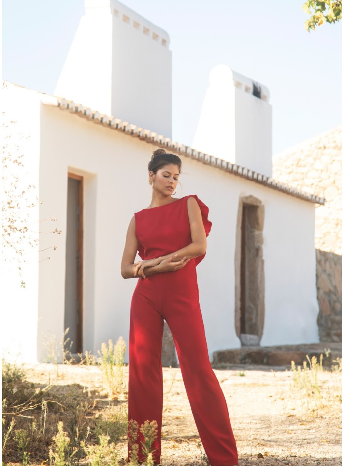 Long red jumpsuit with closed neckline and...