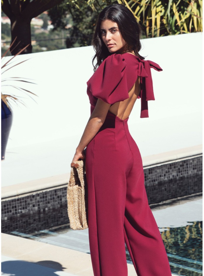 Burgundy jumpsuit with puffed sleeves and...