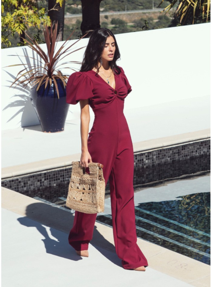 Burgundy jumpsuit with puffed sleeves and...