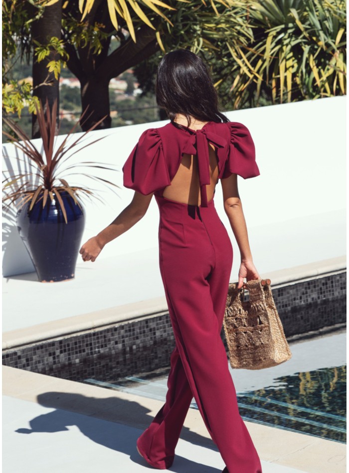 Burgundy jumpsuit with puffed sleeves and...