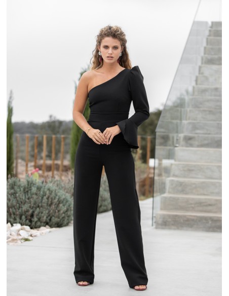 Black party jumpsuit with asymmetric neckline and flounce