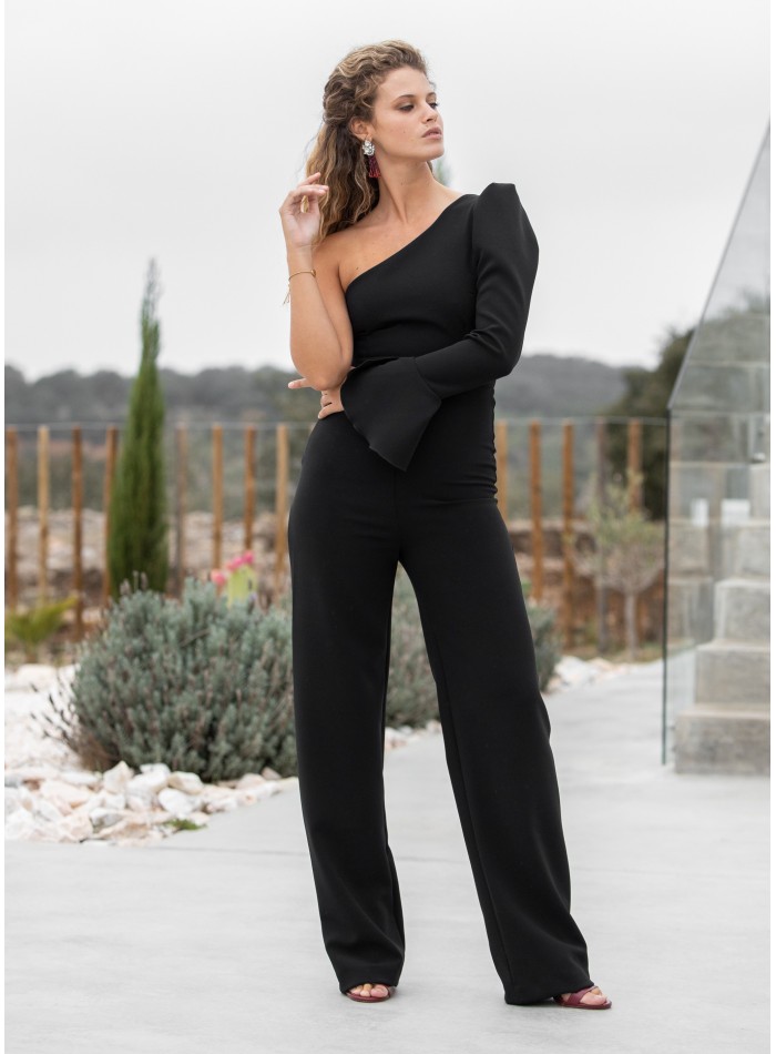 Black party jumpsuit with asymmetric neckline...