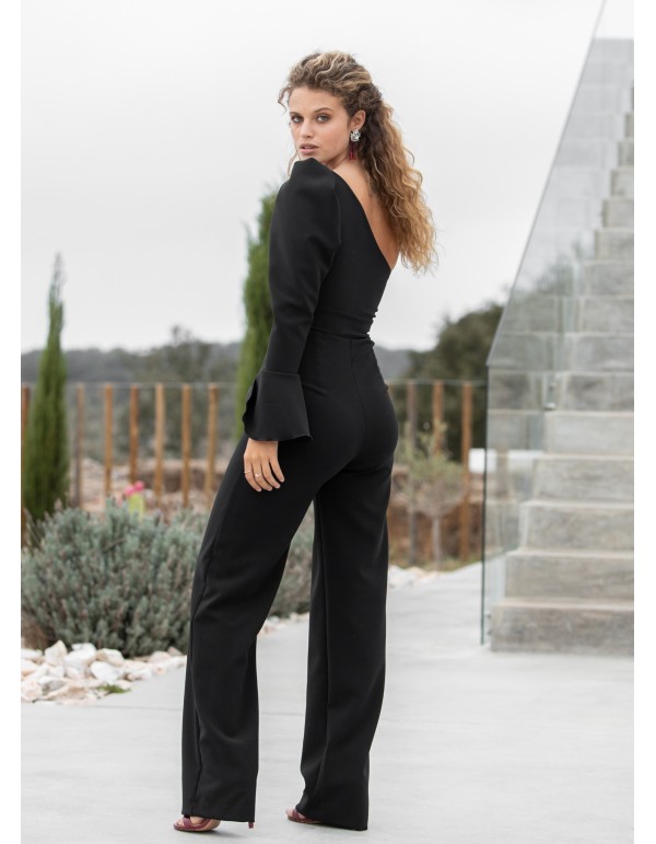 Black party jumpsuit with asymmetric neckline and flounce 2