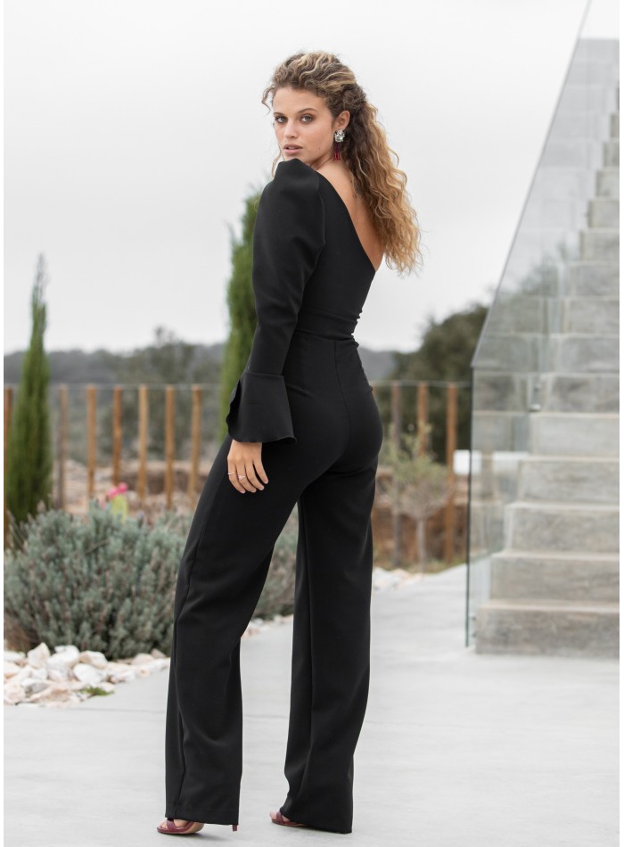 Black party jumpsuit with asymmetric neckline...
