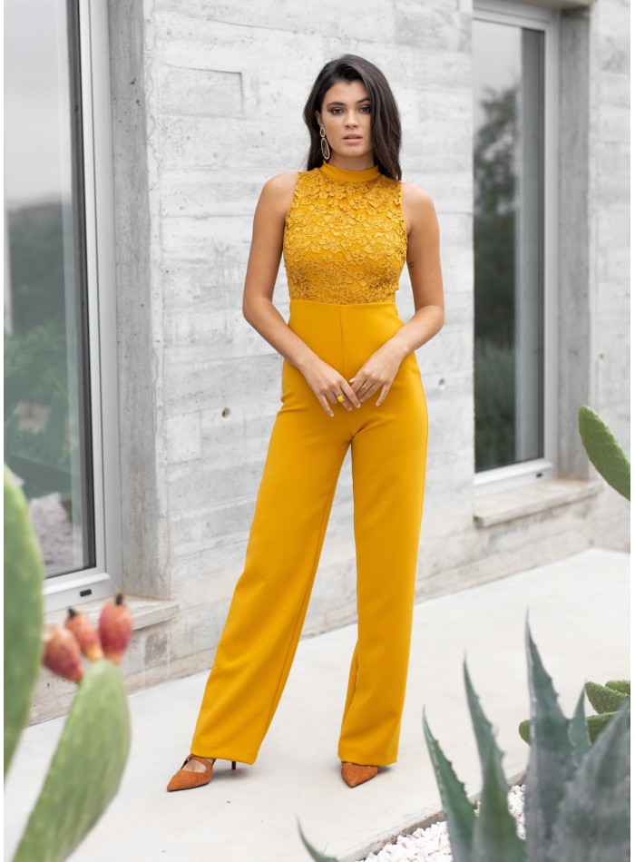 Mustard long sleeveless jumpsuit with lace bodice