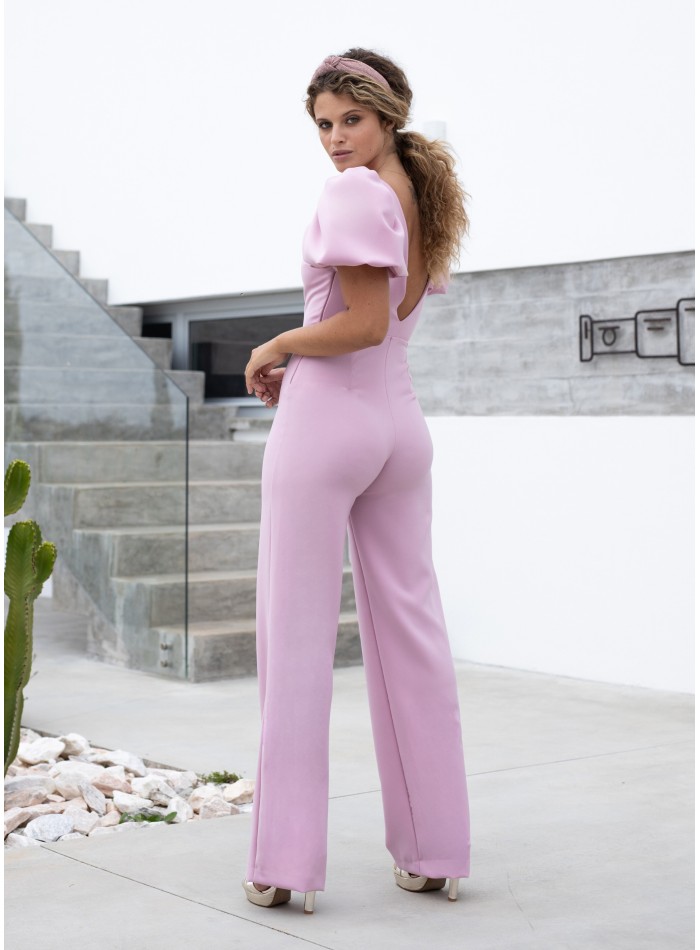 Mono largo lila con mangas voluminosas y escote en V para graduaciones