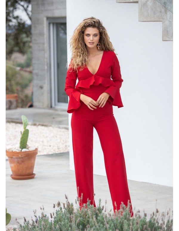 Long red jumpsuit with ruffles and long sleeves