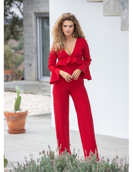 Long red jumpsuit with ruffles and long sleeves