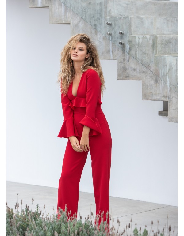 Long red jumpsuit with ruffles and long sleeves 2