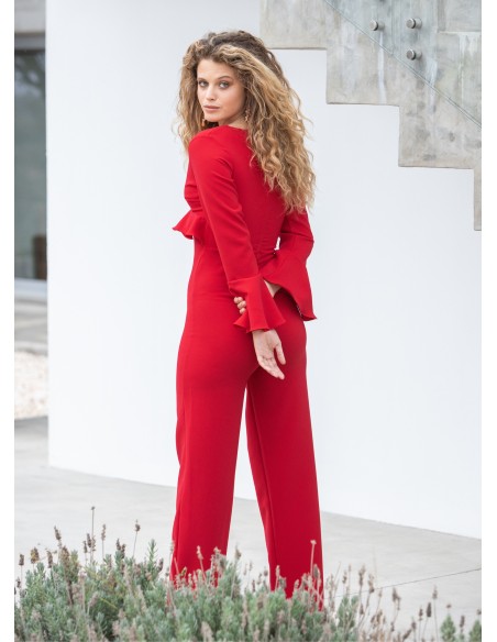 Long red jumpsuit with ruffles and long sleeves