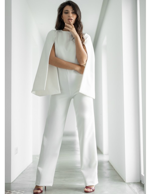 White jumpsuit with puffed sleeves and open back