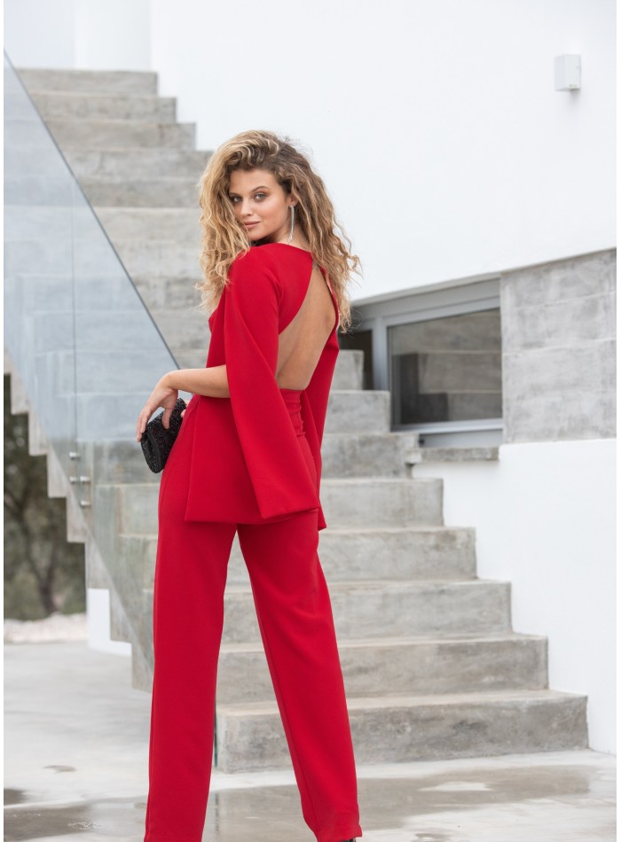 Red party jumpsuit with long cape sleeves