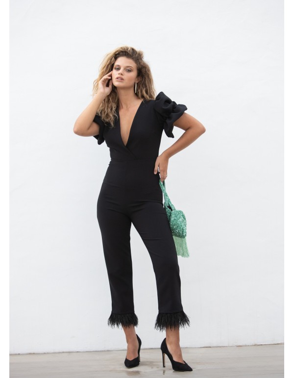Black party jumpsuit with feathers and voluminous sleeves