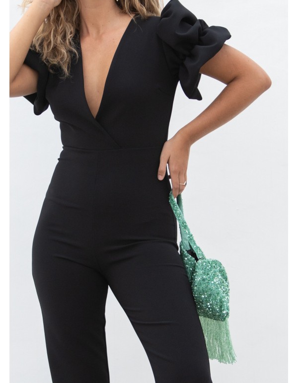 Black party jumpsuit with feathers and voluminous sleeves 2