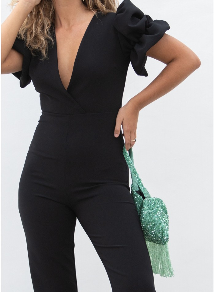 Black party jumpsuit with feathers and...