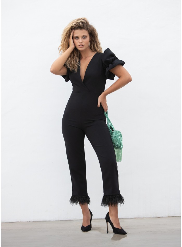 Black party jumpsuit with feathers and...