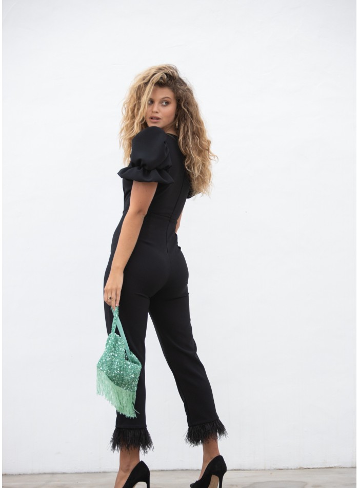 Black party jumpsuit with feathers and...