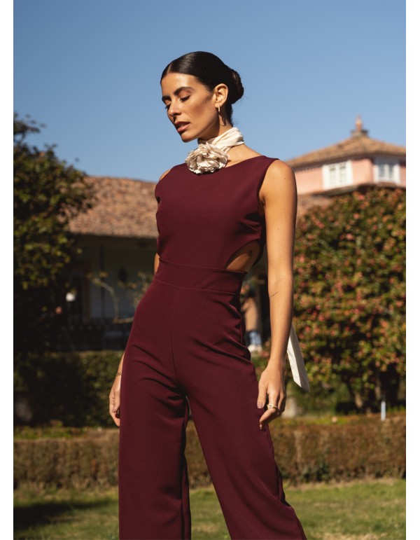 Burgundy long party jumpsuit with side slits