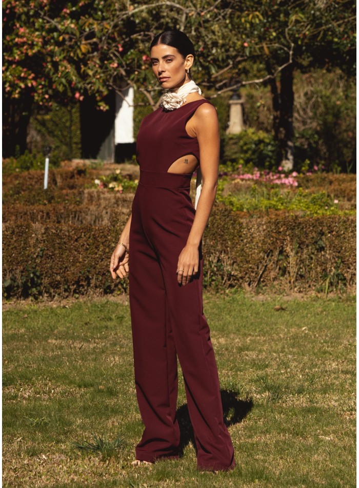 Burgundy long party jumpsuit with side slits