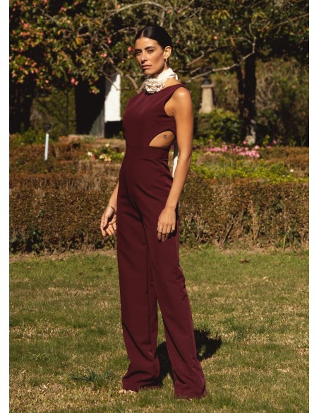 Burgundy long party jumpsuit with side slits
