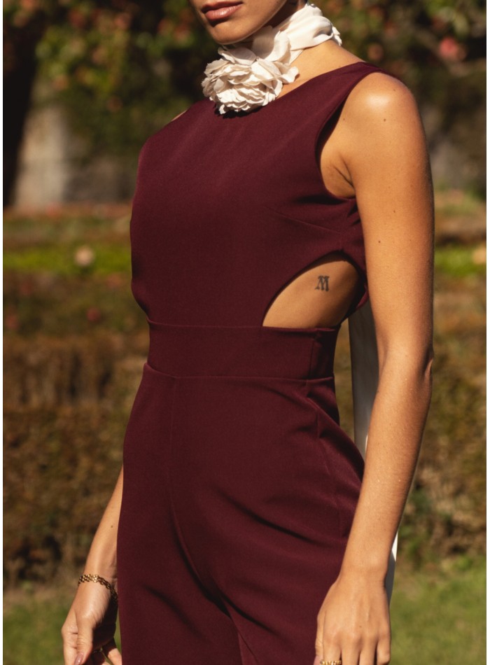 Burgundy long party jumpsuit with side slits