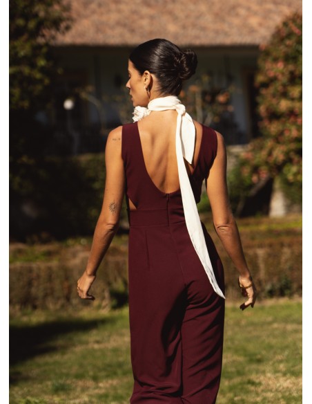Burgundy long party jumpsuit with side slits