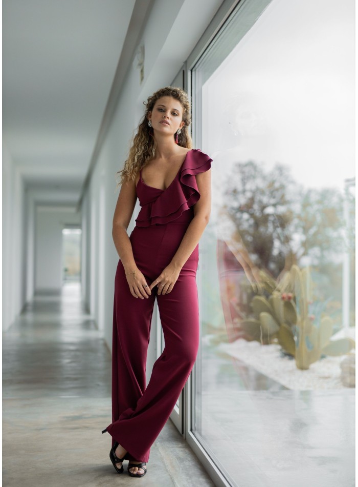 Long burgundy jumpsuit with ruffle straps