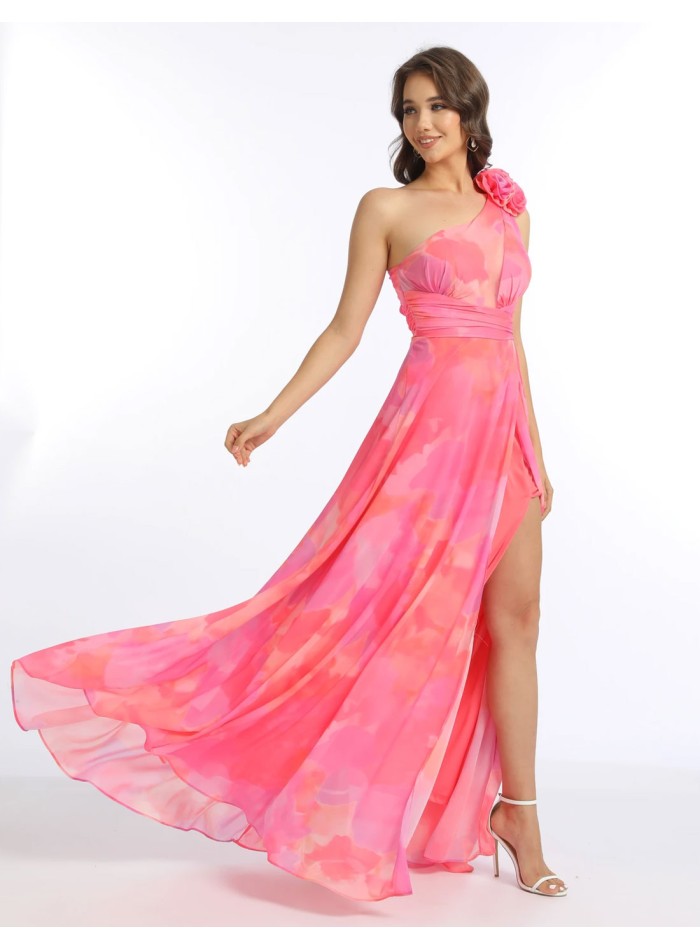 Long gown with asymmetrical neckline and floral print