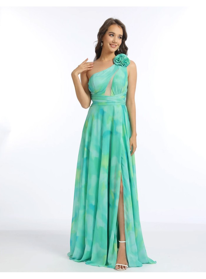 Long gown with asymmetrical neckline and floral print