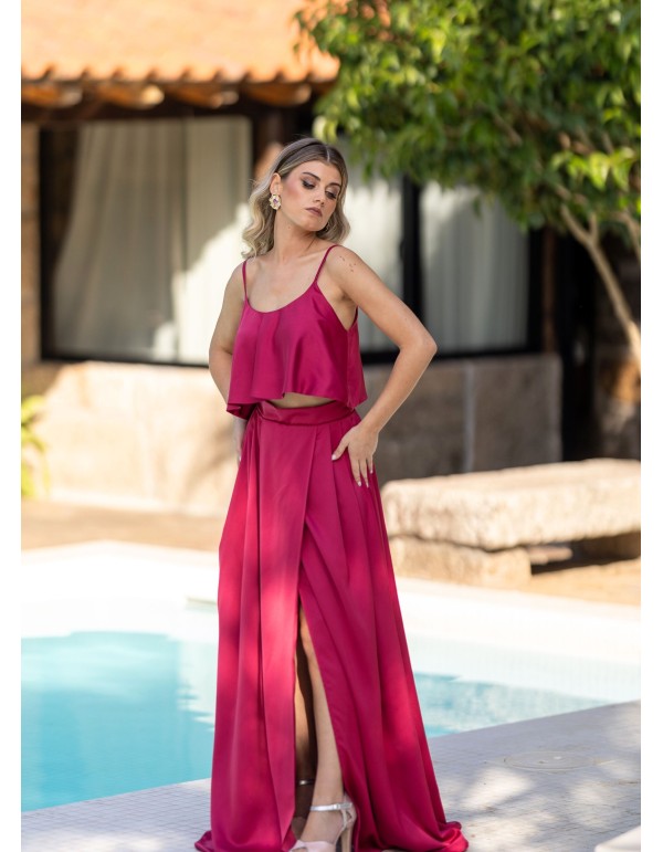 Cherry long skirt with invisible zipper and side slit 2