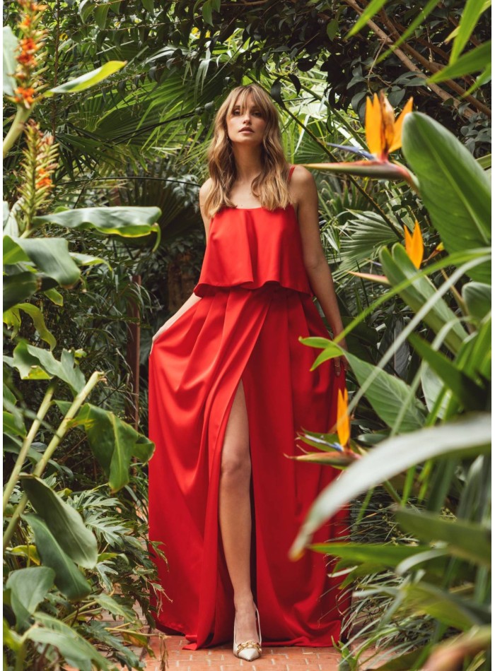 Red strapless ruffle party top