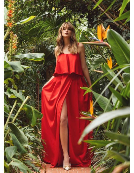 Red strapless ruffle party top