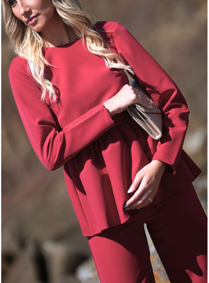 Red party blouse with long sleeves and peplum...