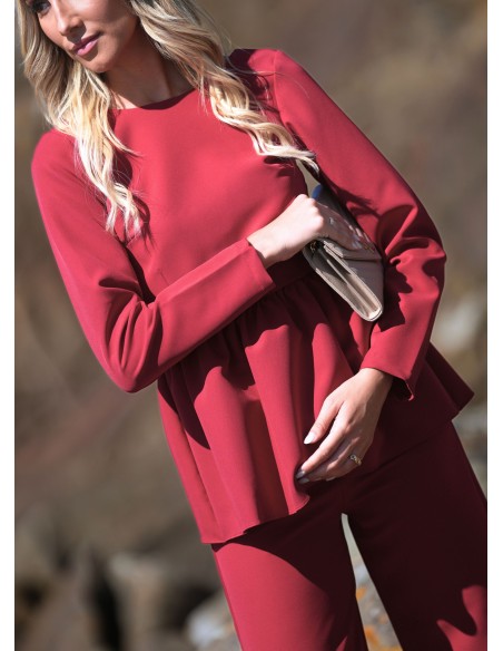 Red party blouse with long sleeves and peplum frill