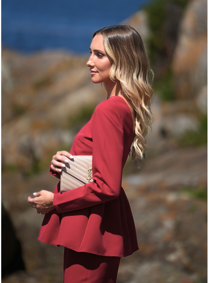 Red party blouse with long sleeves and peplum...
