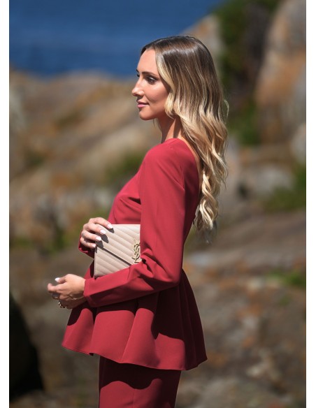 Red party blouse with long sleeves and peplum frill