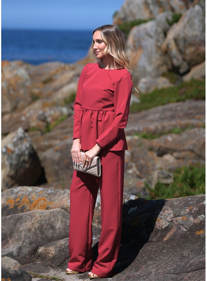 Red party blouse with long sleeves and peplum...