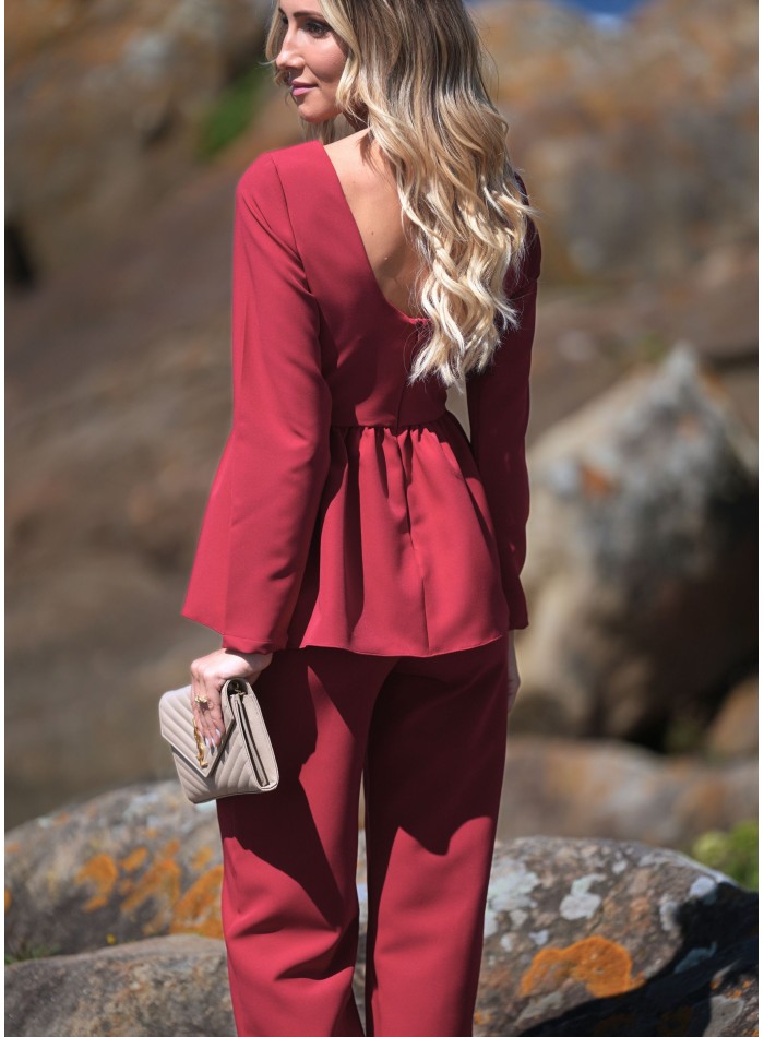 Red party blouse with long sleeves and peplum...