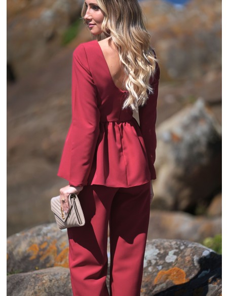Red party blouse with long sleeves and peplum frill